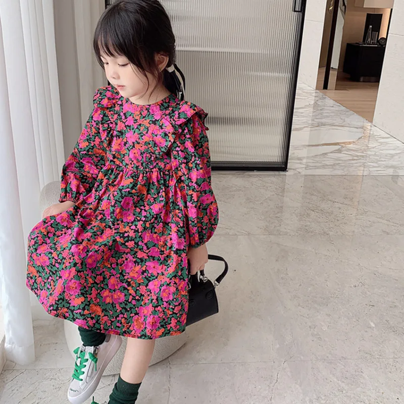 Girls Dresses Spring Autumn New Flower Long-Sleeved Princess Dress Pleated Edge Stitching Pastoral Style Children\'S Clothing