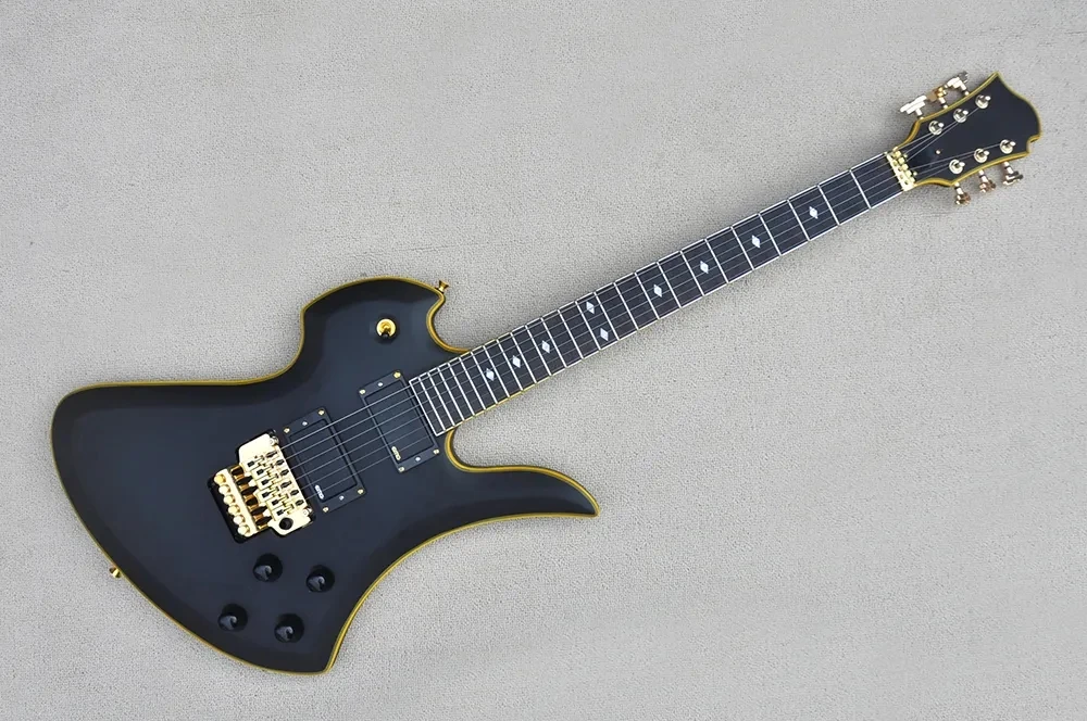 Flyoung Glossy Black Electric Guitar with Tremolo Bridge,Yellow Edgy,Offer Customize