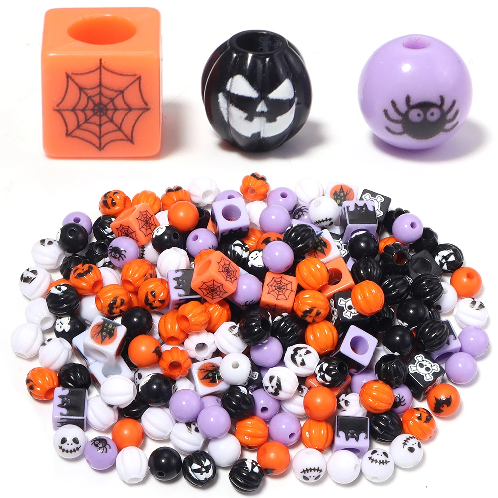 10-20pcs Halloween Mixed Acrylic Beads Straight Hole Loose Spacer Beads Pumpkin Bat Spider Printed DIY Jewelry Bracelet Making