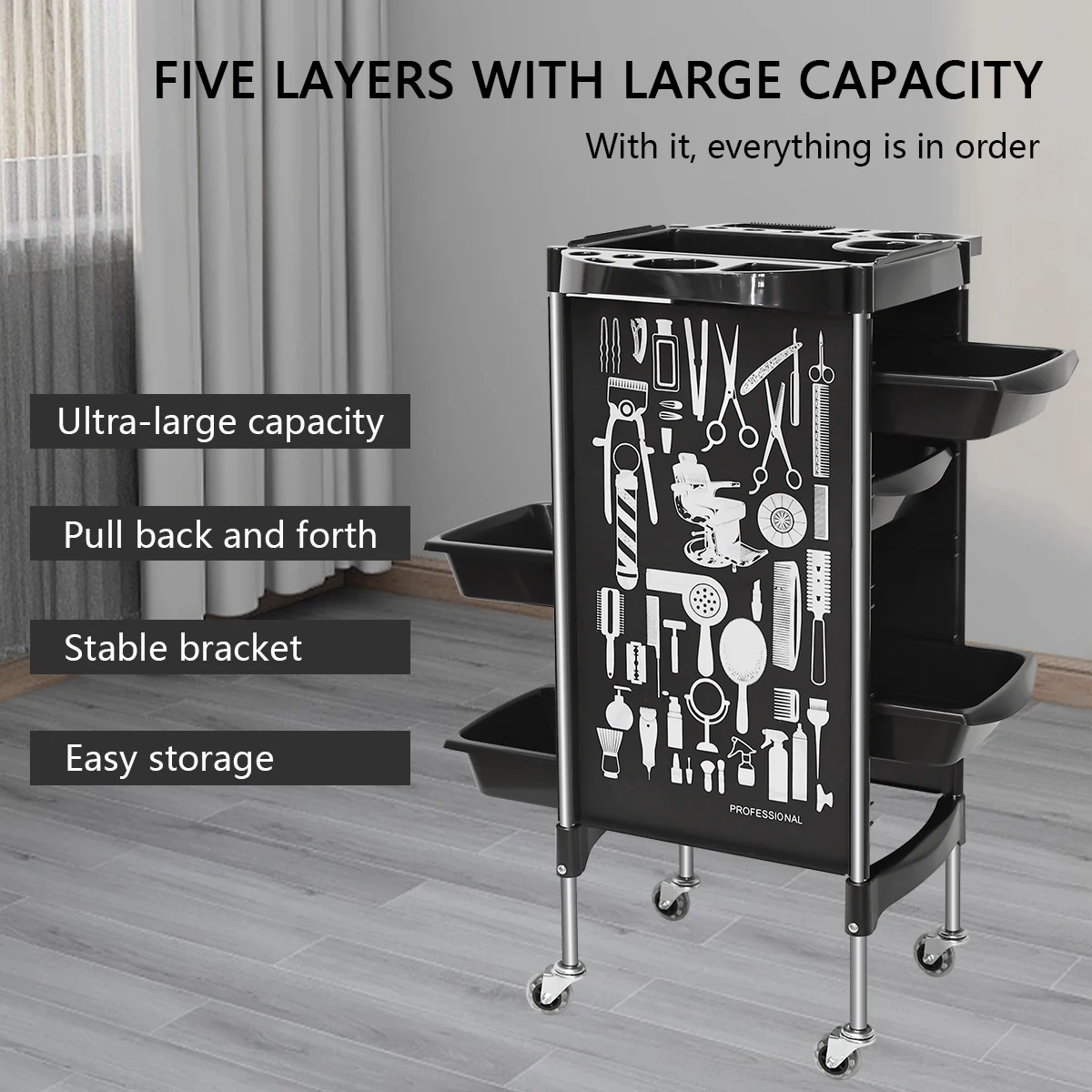 Black Five-Layer Hairdressing Shop Trolley Tool Storage Cart Barber Equipment Organizer Mobile Rack for Salon Professionals