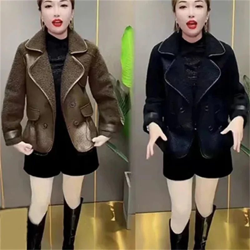 

Network Red Fur on Both Sides Wear Leather Loose Coat Women 2022 Winter All Matching Suit Collar Fashion Western Style Top Trend