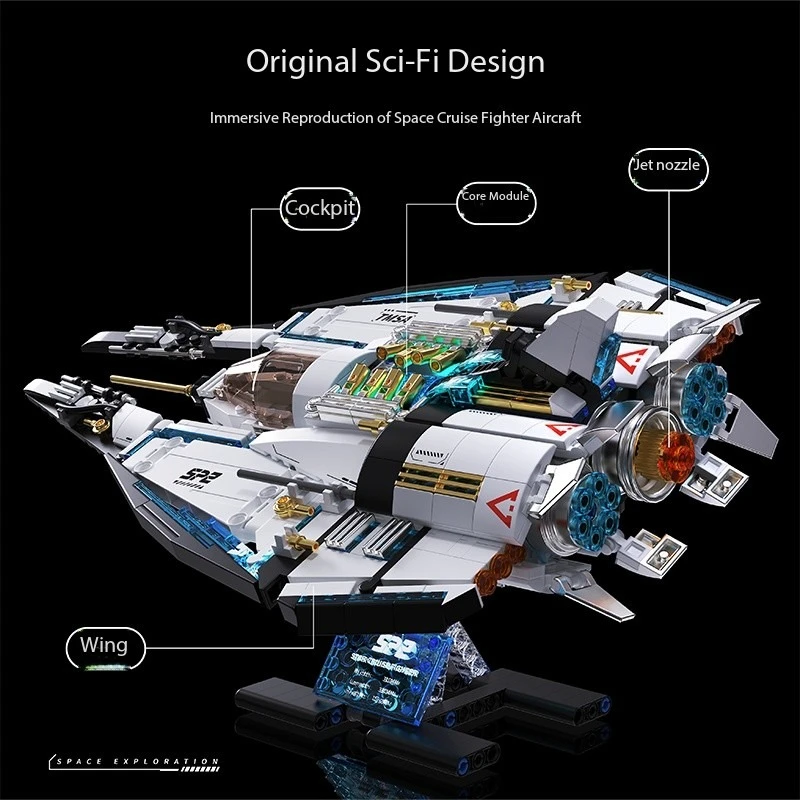 Set di costruzione originale di fantascienza Star Cruiser 360 °   Luci d'atmosfera a LED per cabina di pilotaggio rotante Parti mobili Modello di navicella spaziale Regalo per bambini