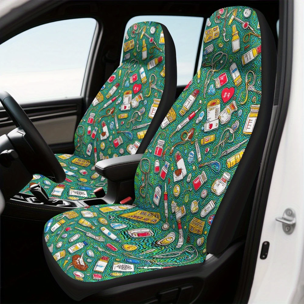 Set Of 2, Contemporary Medical Abstract Swirl Pattern Front Seat Protectors, Revitalizes Car Interior With Front Seat Comfort, P
