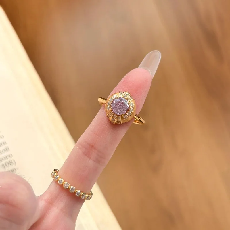 Creative brushed purple gemstone rose ring earrings for women exquisite High quality and diamond inlay light luxury jewelry sets