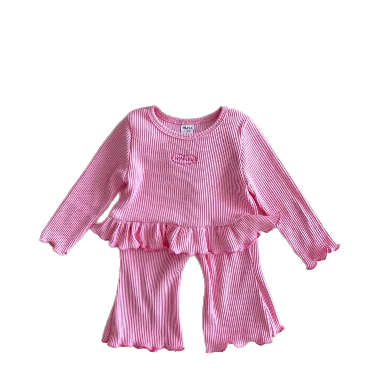 2025 Autumn New Children Long Sleeve Clothes Set Girls Heart Letter Print T Shirts + Flared Pants 2pcs Suit Cotton Kids Outfits