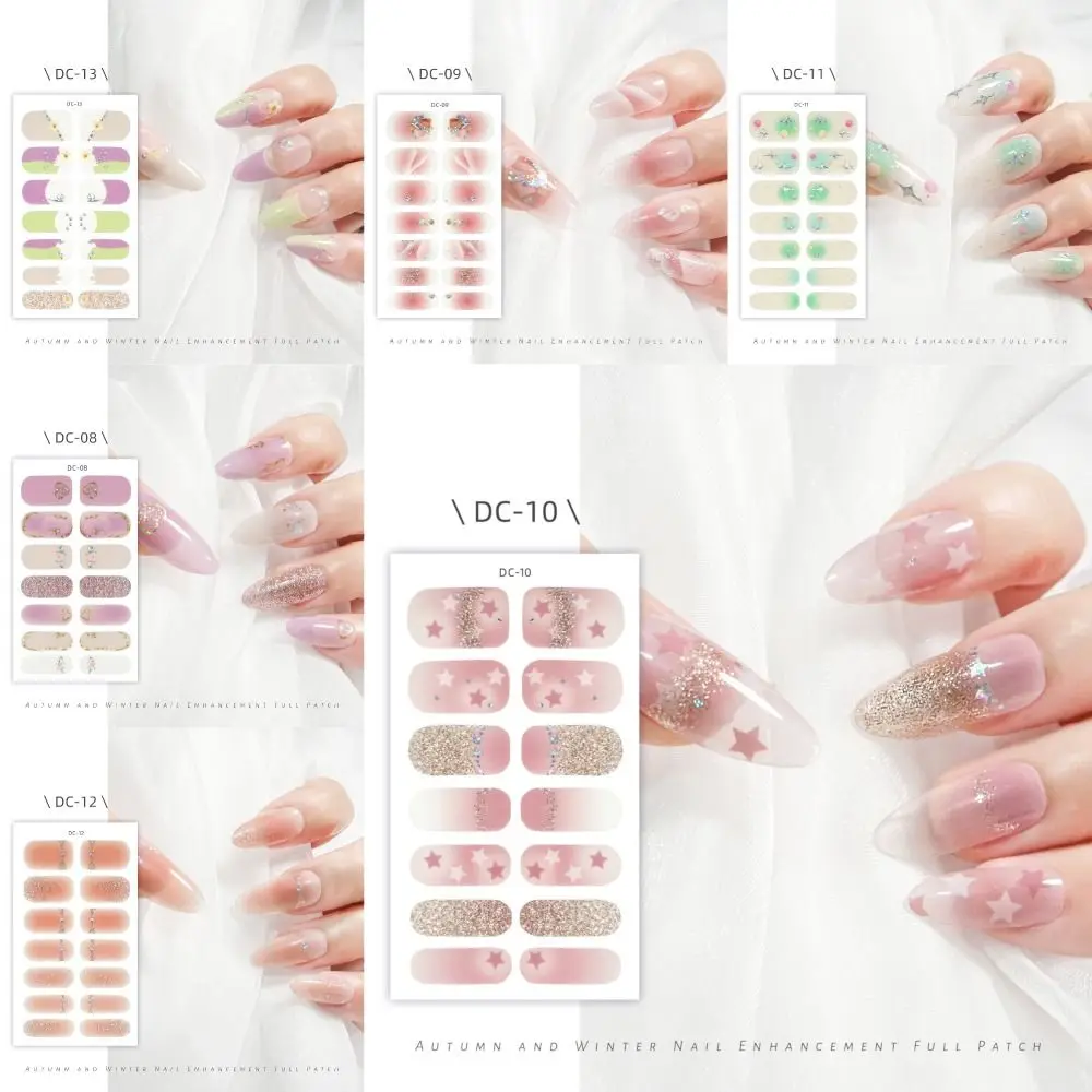 14 Strips Semi Cured Gel Nail Stickers Floristic Full Cover Nail Patch French Nail Art Glittering Nail Art Stickers