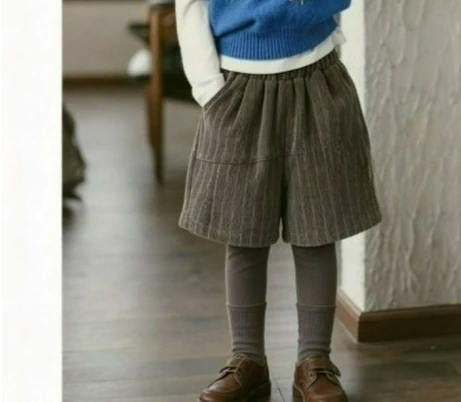 Autumn and Winter Retro Splicing Thick Bottom Casual Pants for Baby Girls Children's Fake Two-piece  Corduroy Pants for