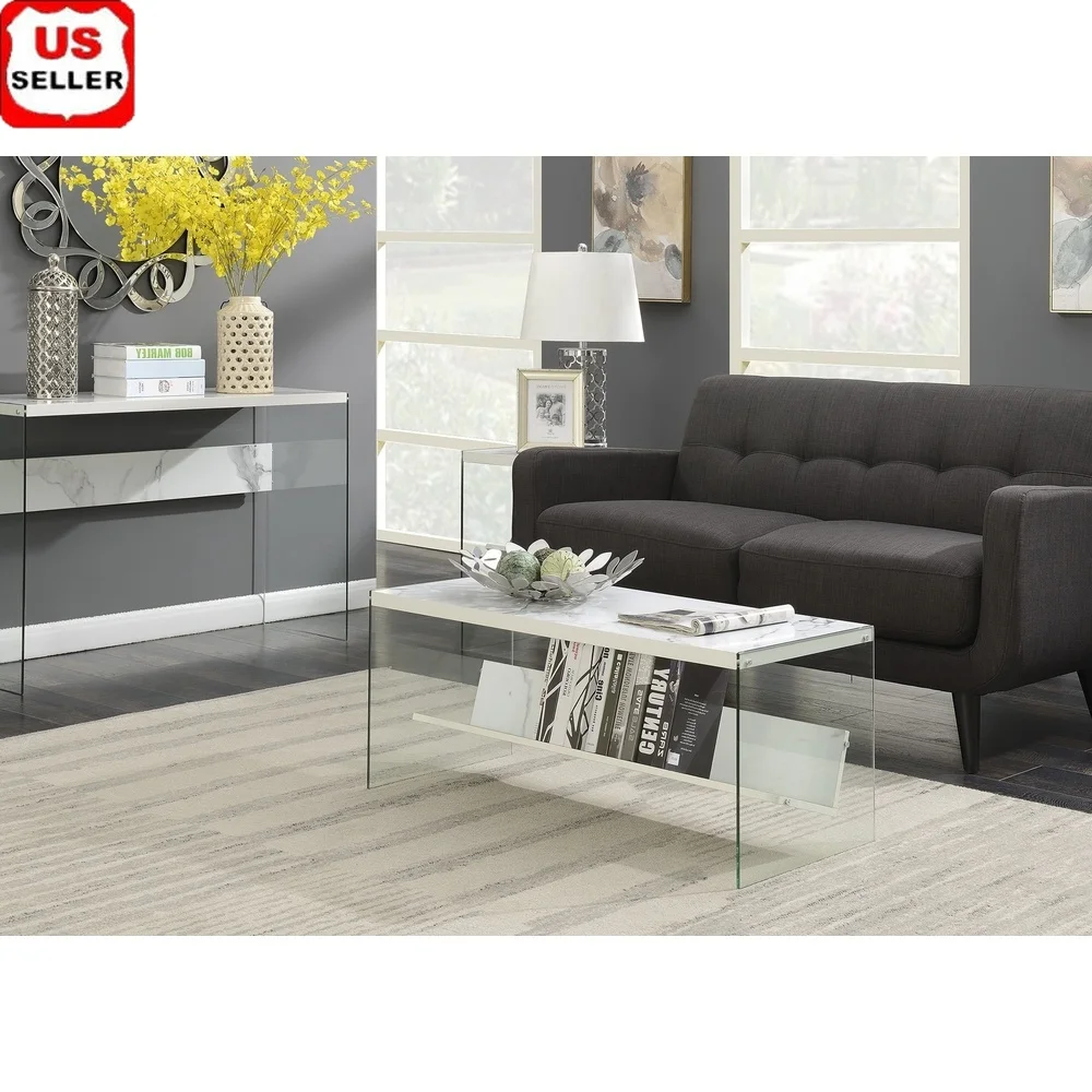 

SoHo Coffee Table with Faux White Marble Top Tempered Glass Sides Indoor Storage Shelf Modern Rectangle Design Living Room