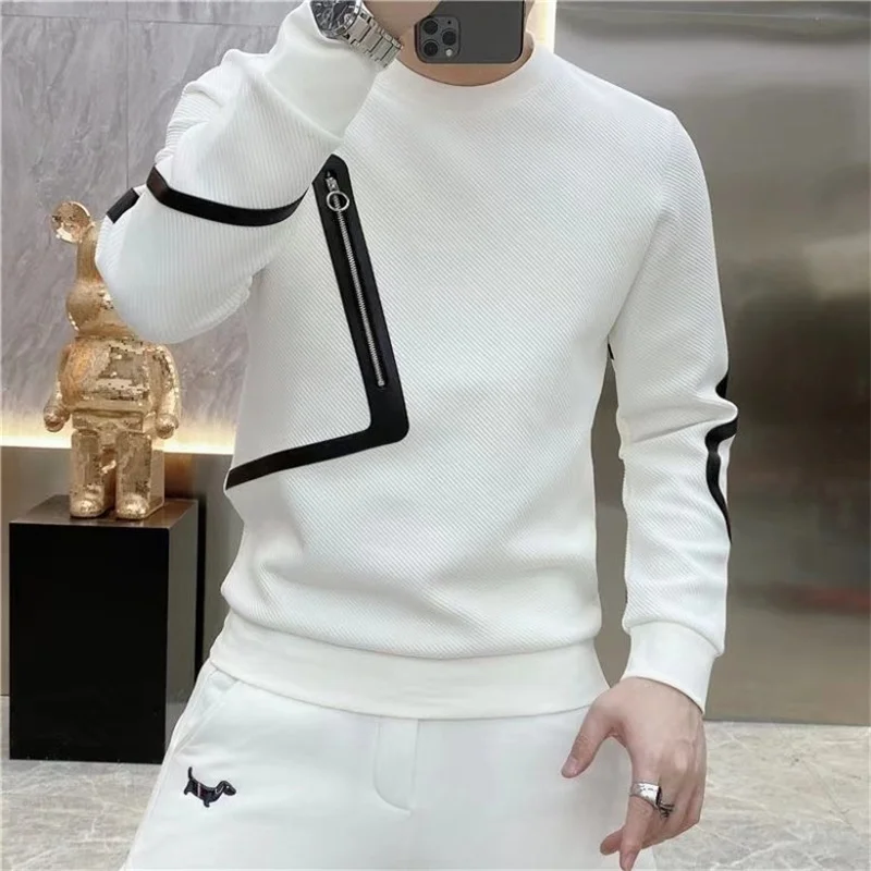 Autumn New Men's O-Neck Sweatshirts Zipper design Contrast Color Fashion Casual Long Sleeve T-shirt  Tops Male Clothes