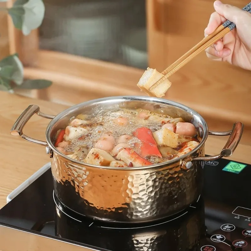 Hammered 304 Stainless Steel Double Handles Soup Pot, 3-Ply Thickened for Hot Pot & Milk, Induction Compatible, Golden Finish