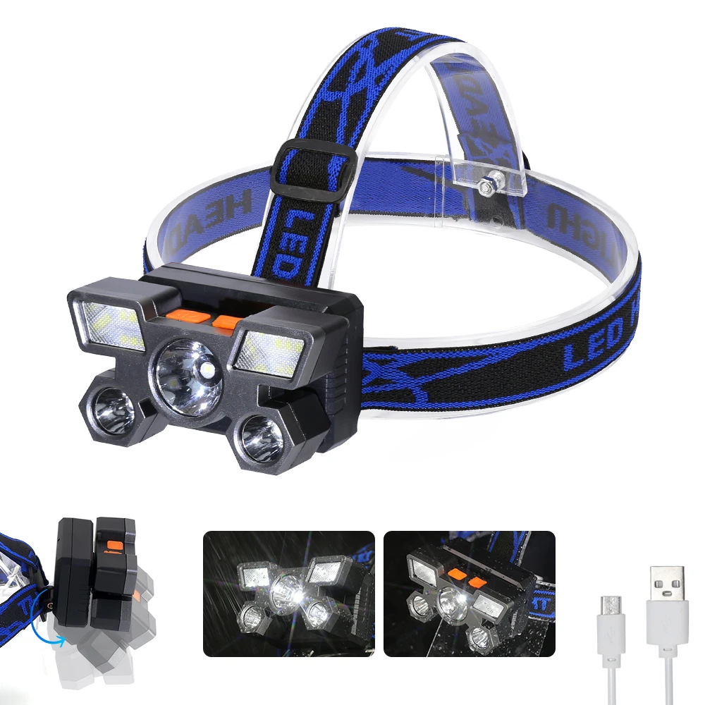 USB Rechargeable Headlamp Portable 5LED Headlight Built In Battery Torch Portable Working Light Fishing Camping Head Light