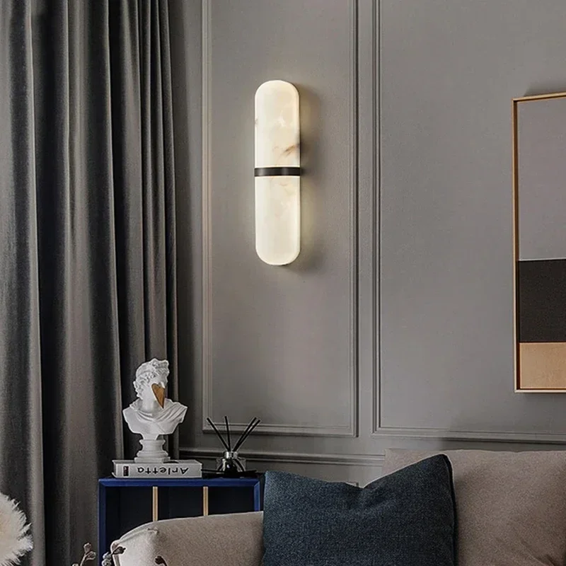 Modern Alabaster Marble Wall Light Copper Body Luxury Spanish Marble Stone Wall Sconce for Bedroom Bedside Copper Gold Stone