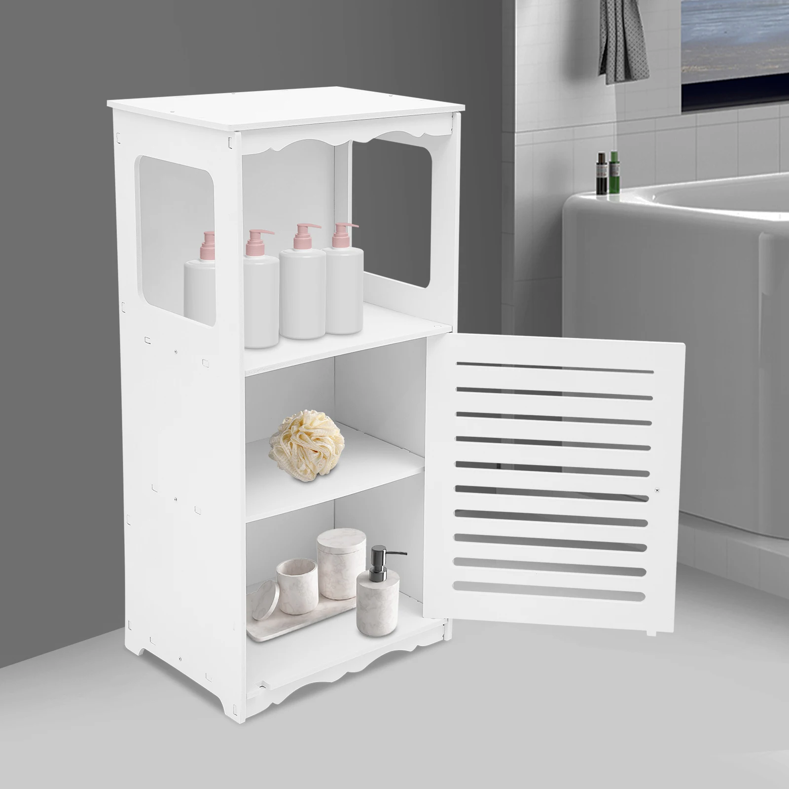 Gabinete de almacenamiento de baño de PVC de 37,6*28*79,8 cm, gabinete de almacenamiento de baño para espacios pequeños, gabinete de piso esquinero con puerta