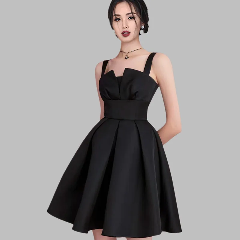 JSXDHK High Quality French Summer Ball Gown Dress Runway Fashion Women Sexy Spaghetti Strap Black Slim Waist Party Mini Dresses