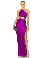 Evening Party Dresses For Women 2024 Sexy One Shoulder Yellow Purple Split Long Maxi Dress High Street Satin Vestido