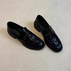 Soft Womens Derby Shoes Pointed Toe Black Flats British Style Casual Female Sneakers Loafers With Fur Slip-on Rivets Studs Leath