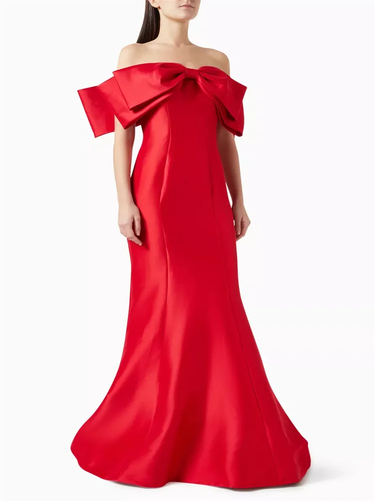 Robe de Rhsirène en satin avec nœud pour femme, corsage initié, ouvert au dos, fermeture éclair, longueur au sol, train de balayage, sexy, savoir à chaud