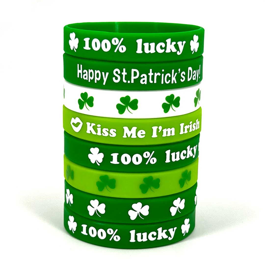 St. Patrick\'s Day Shamrock Bangle Bracelets Green Irish Rubber Wristbands Bracelet for Kids School Party Favors Supplies
