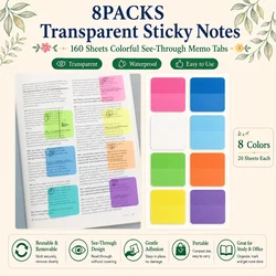 8 Colors 160 Sheets Semi-Transparent Sticky Notes,Clear Removable Self-Stick Notes for and Note-Taking,Aesthetic Index Labels