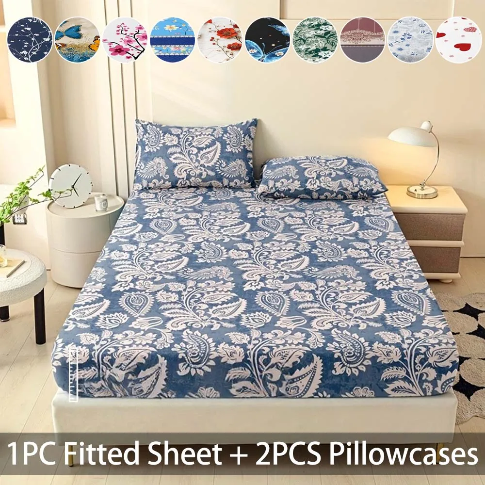 Romantic Rose Floral 3pcs Fitted Sheet Set (1 Fitted Sheet + 2 Pillowcases) with Elastic Edge Soft Skin-friendly Bedding Hogar