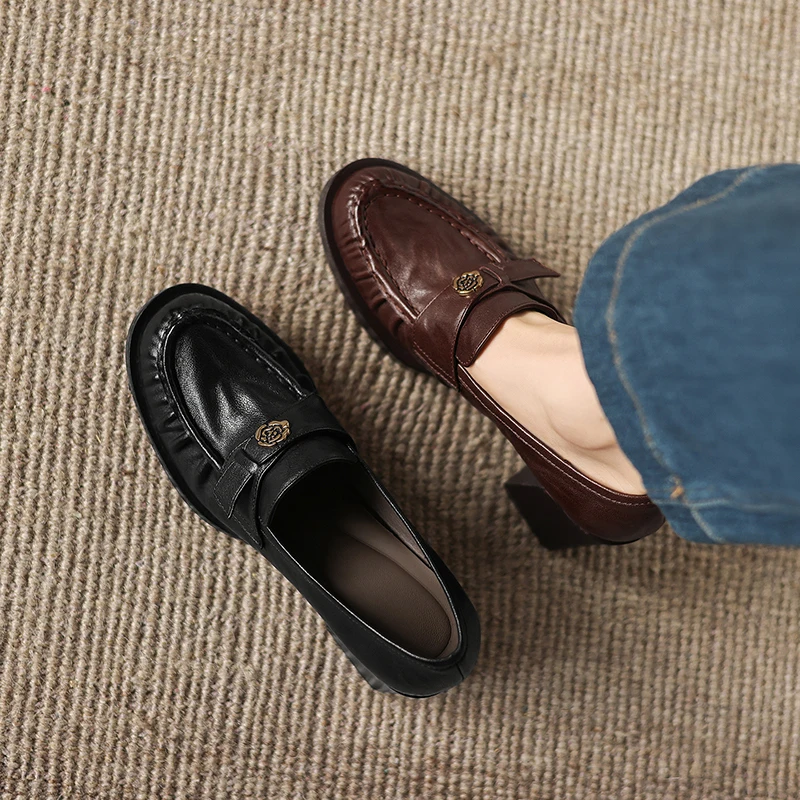 2026 new spring summer women pumps natural leather 22-25cm sheepskin+pigskin round toe metal thick high heel loafers women shoes