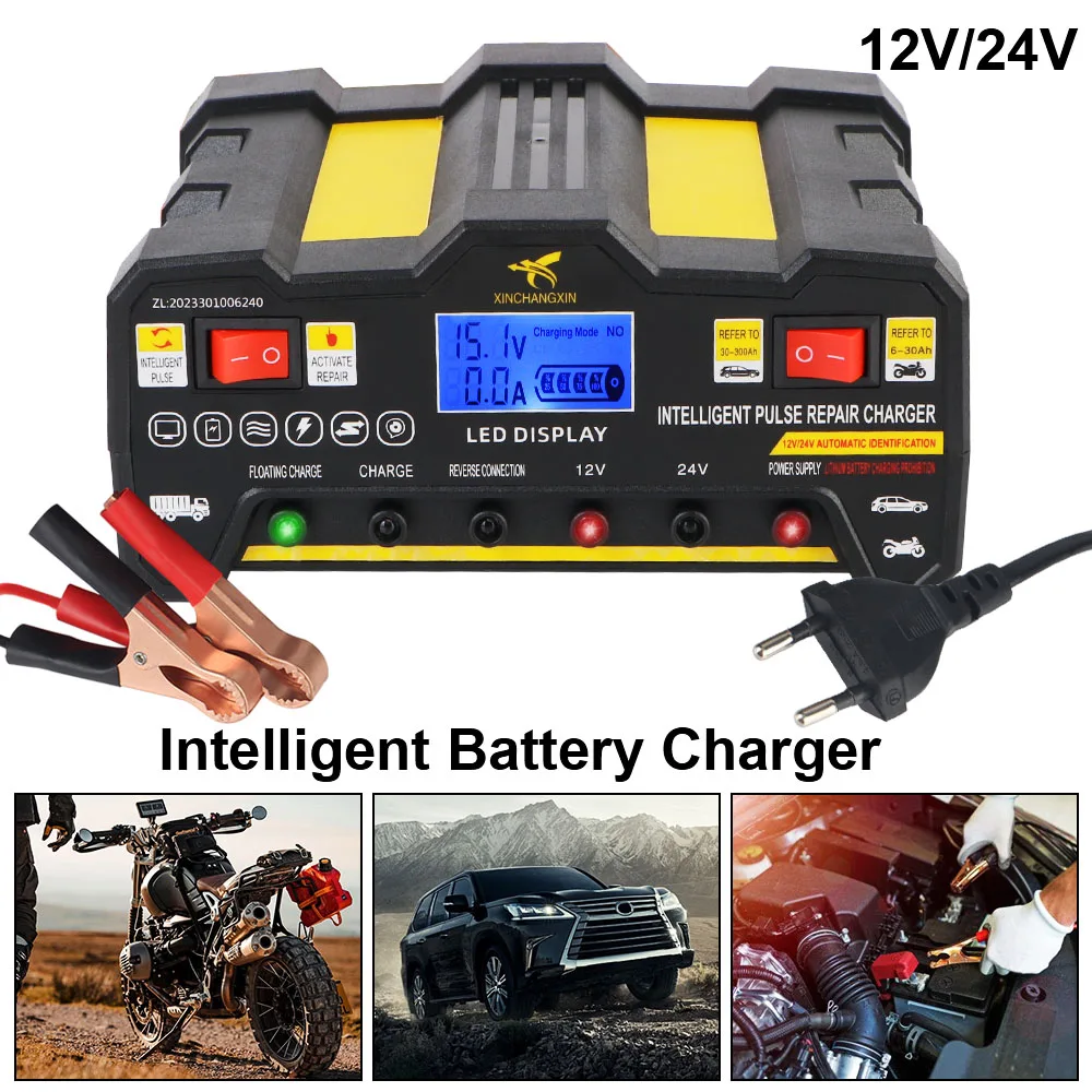 For Wet Dry Lead Acid EU Plug Full Automatic Car Battery Charger 300AH Intelligent Pulse Repair Battery Charger 220W LCD Display