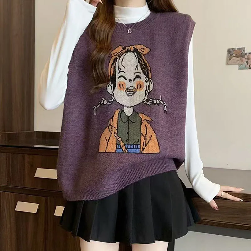 

Autumn And Winter New Cartoon Pattern Loose Vest Women's Loose Sweater Knitted Vest