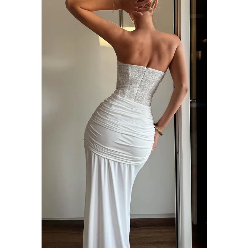 ชุดเดรสยาวทรงเมอร์เมดประดับเลื่อมสำหรับงานปาร์ตี้ งานแต่งงาน หรืองานรับปริญญา ดีไซน์หรูหราเปิดไหล่ ผ้าลูกไม้เข้ารูปทรงสวย