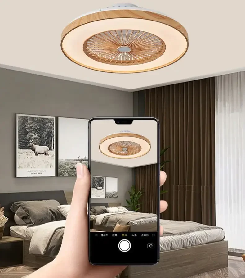 

Modern Smart 60cm Wood & Iron Ceiling Fan Light with APP Control for Living Dining Bedroom Study 110V Wood Grain Finish Remote