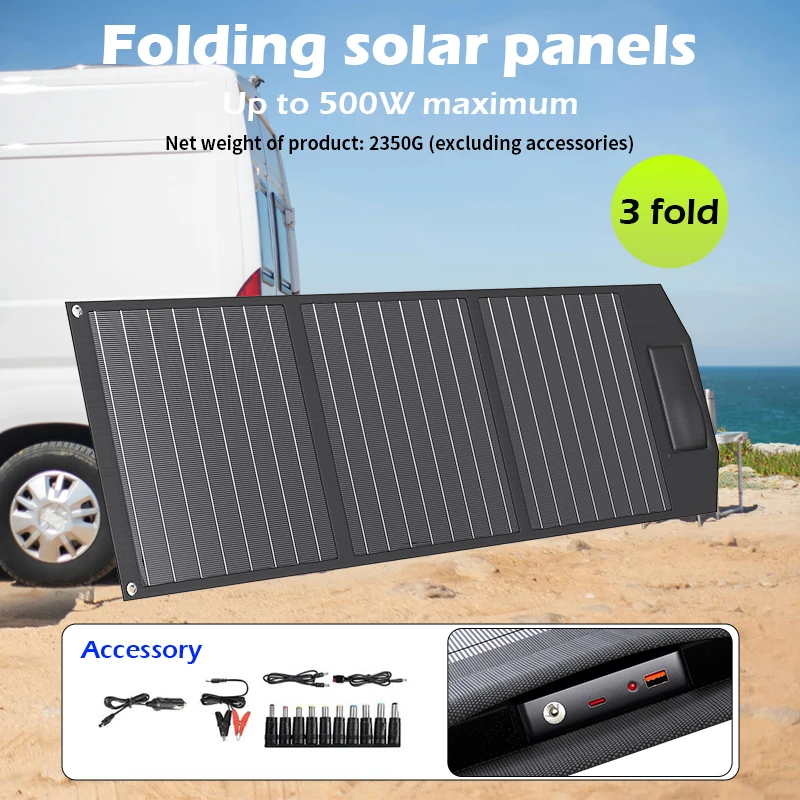 500W Solar Panel Portable Foldable High-power 3 Fold 12-24v Solar Cell Convenient for Carrying Suitable Outdoor Hiking  Camping