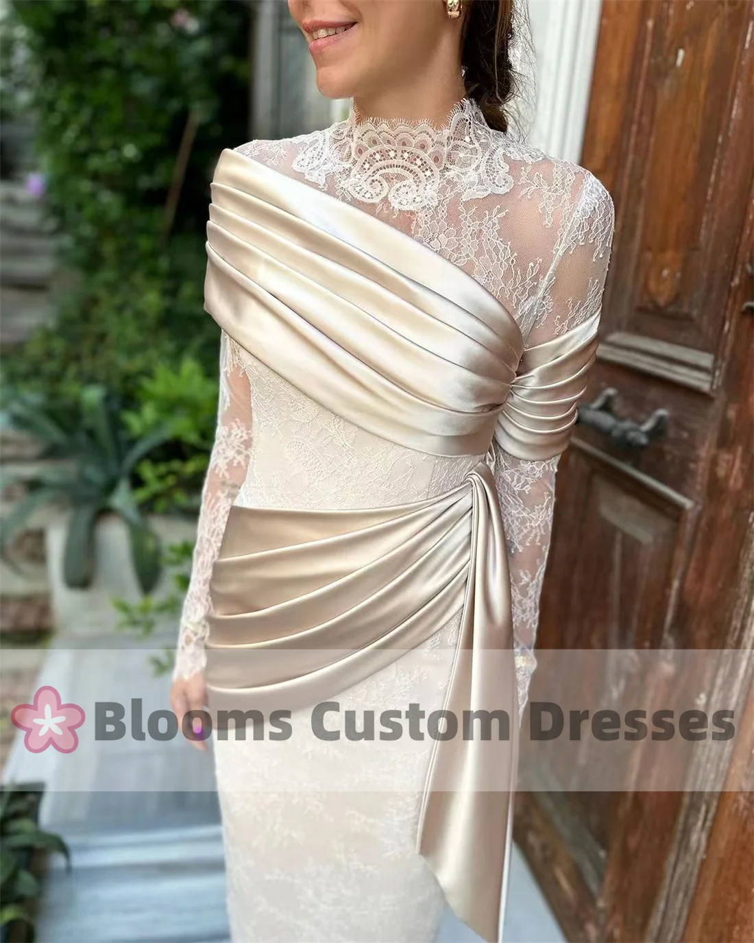 Blooms Lace Long Sleeves Prom Dresses Pleat Satin Straight Elegant Champagne Evening Dress 2024 Wedding Guest Formal Party Gown