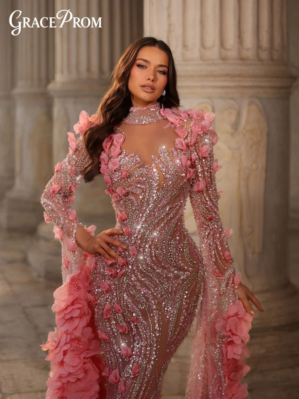 

Exquisite Pink Light Pink Base High Neck Long Bell Sleeve Long Dress 3D Flower Bead Party Dress Evening Gown For فساتين سهرة