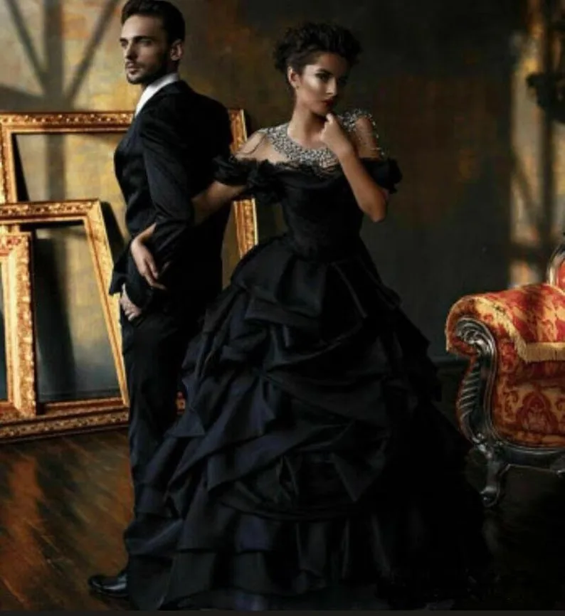 Vestidos De Novia góticos negros, vestido De baile con hombros descubiertos, volantes, Vintage, Vestidos De Novia