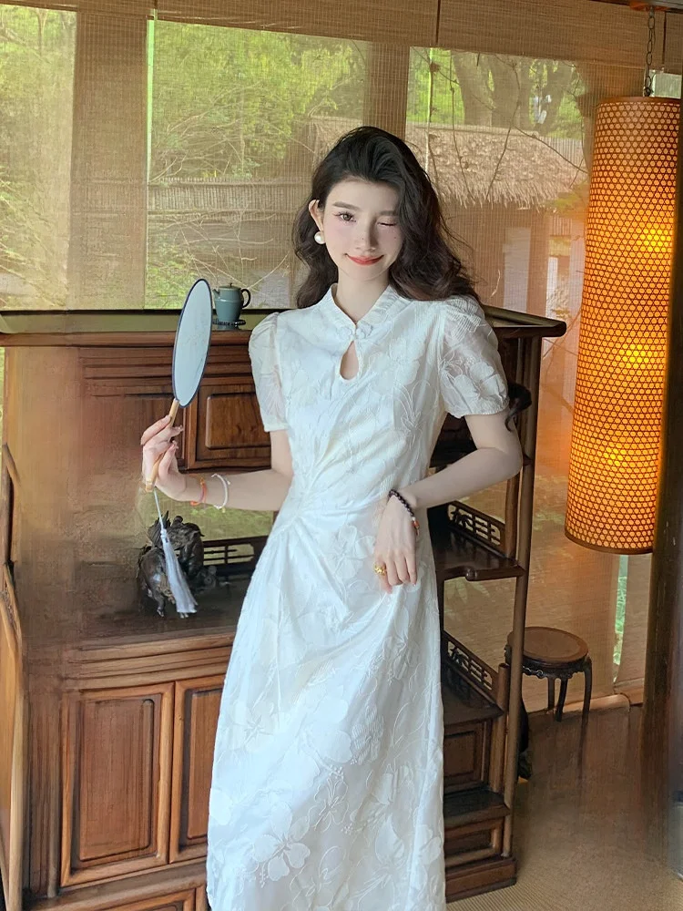 

Ele ort Sve Vintage Chinese Sle Dr Waist Cinched Small Size Beautiful Retro round Collar Summer Gown