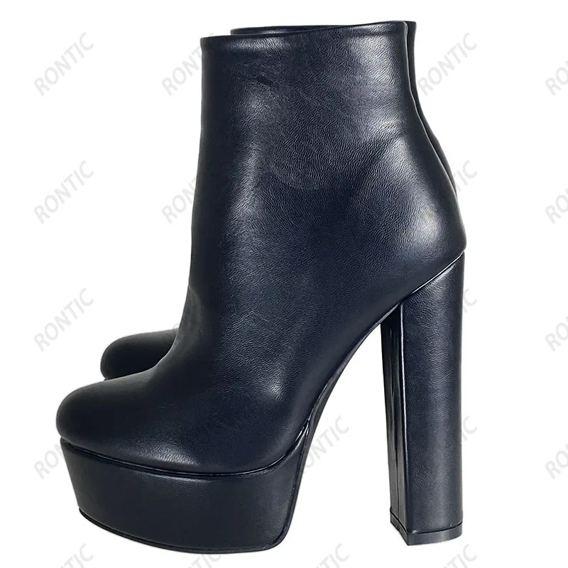Rontic Change Color Free Handmade Women Platform Ankle Boots Block Heels Round Toe Pretty Black Party Shoes Ladies US Size 5-20