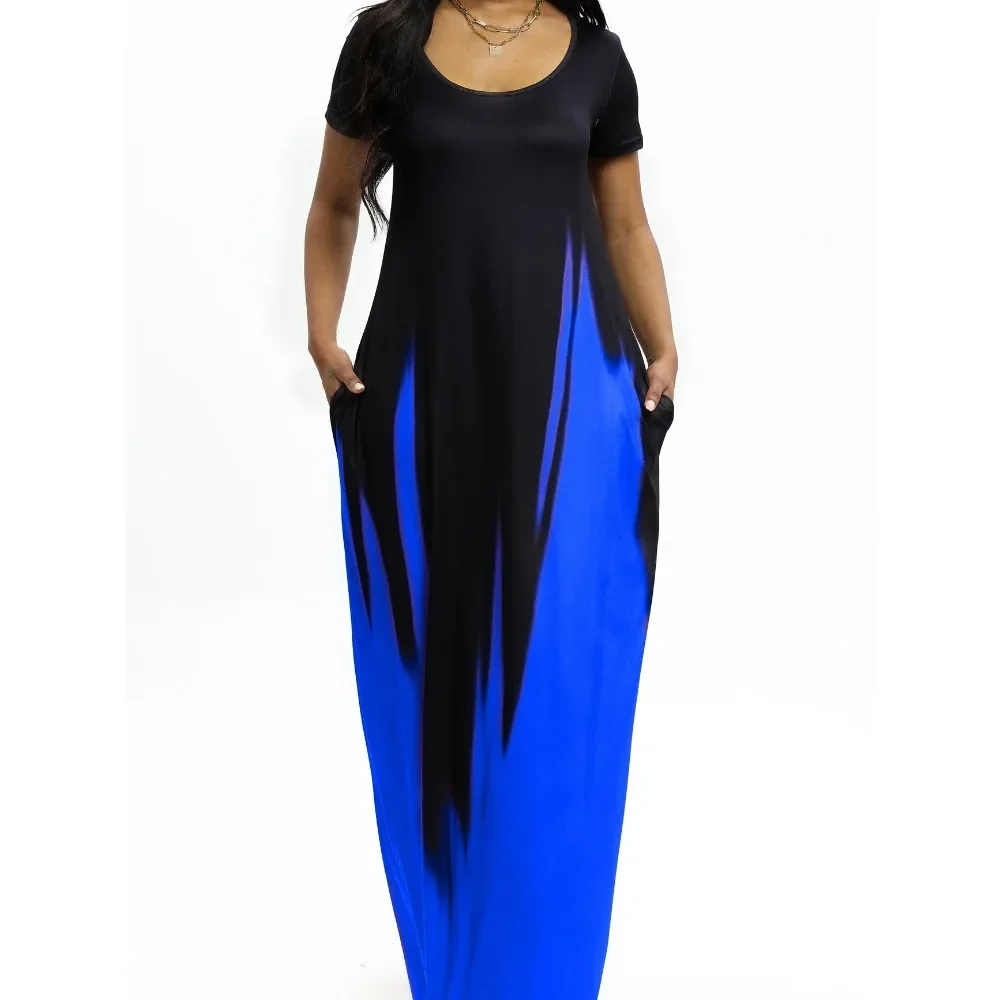 แม็กซี่เดรสแขนกุดยาวผู้หญิงขนาดบวกสีดําถึงสีม่วง Ombre พิมพ์หลวมพอดีคอกลมพร้อมกระโปรงกระเป๋า