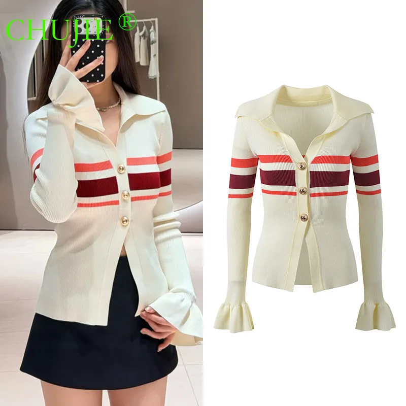 

CHUJIE 2026 Spring New Arrival Contrast Color Striped Temperament Fashion Slim Fitted Flared Sleeve Lapel Knitted Cardigan