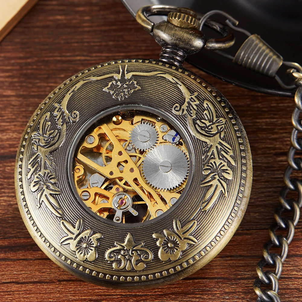 Steampunk – montre de poche en cuivre pour hommes et femmes, chaîne, Vintage, ajouré, vent, pendentif