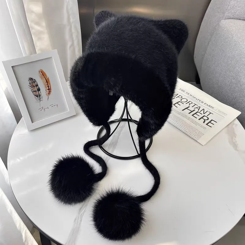 

Модные вязаные женские шапки из натурального меха норки, зимняя женская шапка, теплая эластичная роскошная женская шерстяная вязаная меховая шапка