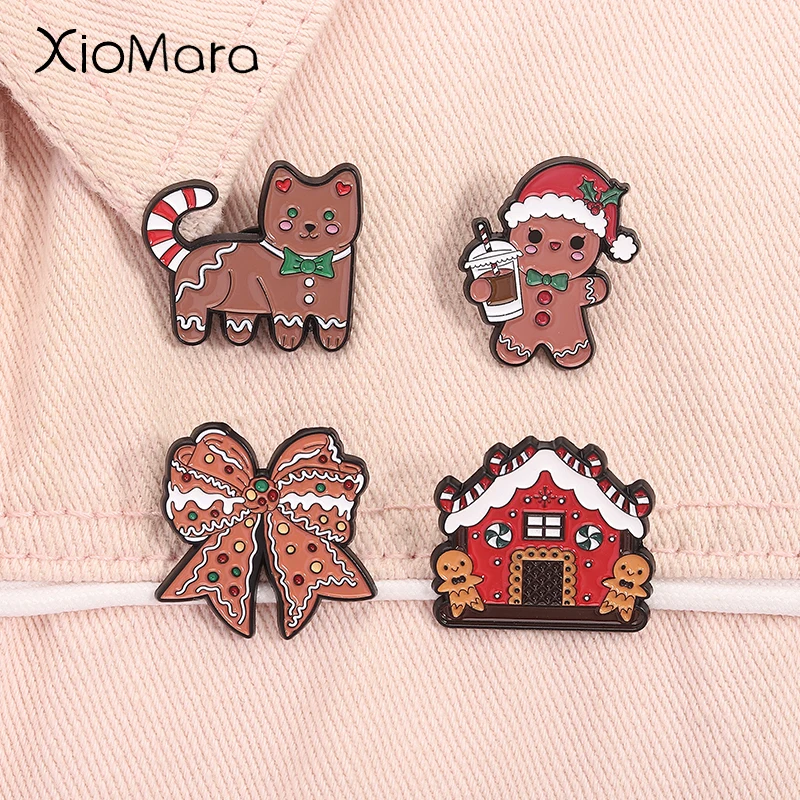 

Christmas Gingerbread Man Enamel Pins Cartoon Gingerbread House Cat Bow Brooches Lapel Badge Festival Jewelry Gifts For Friends