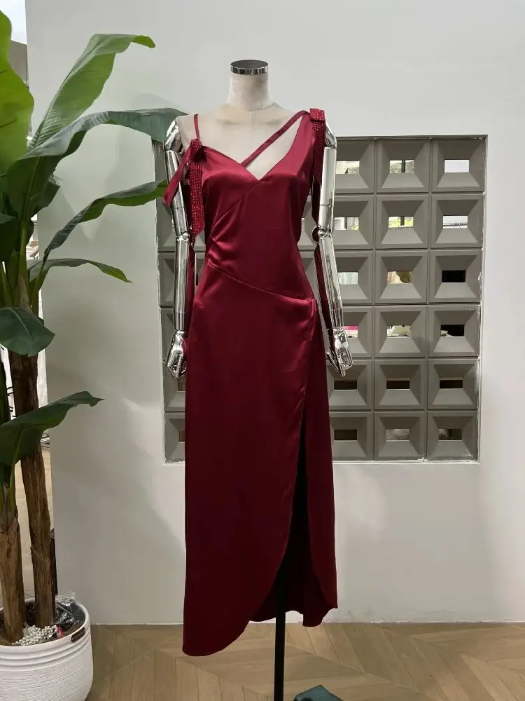 Women Sexy Sleeveless Deep V Neck Slit Wedding High Quality Cocktail Dress Party Birthday Celebrate Wedding Dresses Elegant Gown