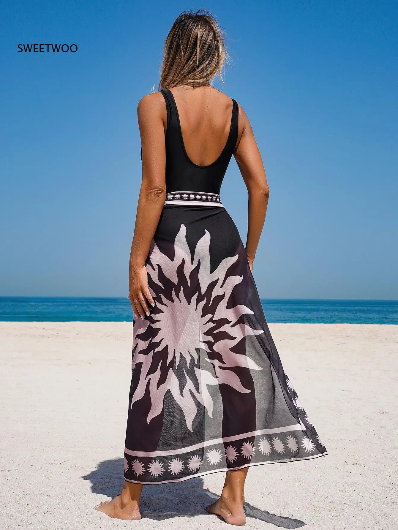Women V Neck One Piece Swimsuit with Sun Leaf Print Wrap Cover Up Skirt Shell Waist Decor Two Piece Beach Outfit