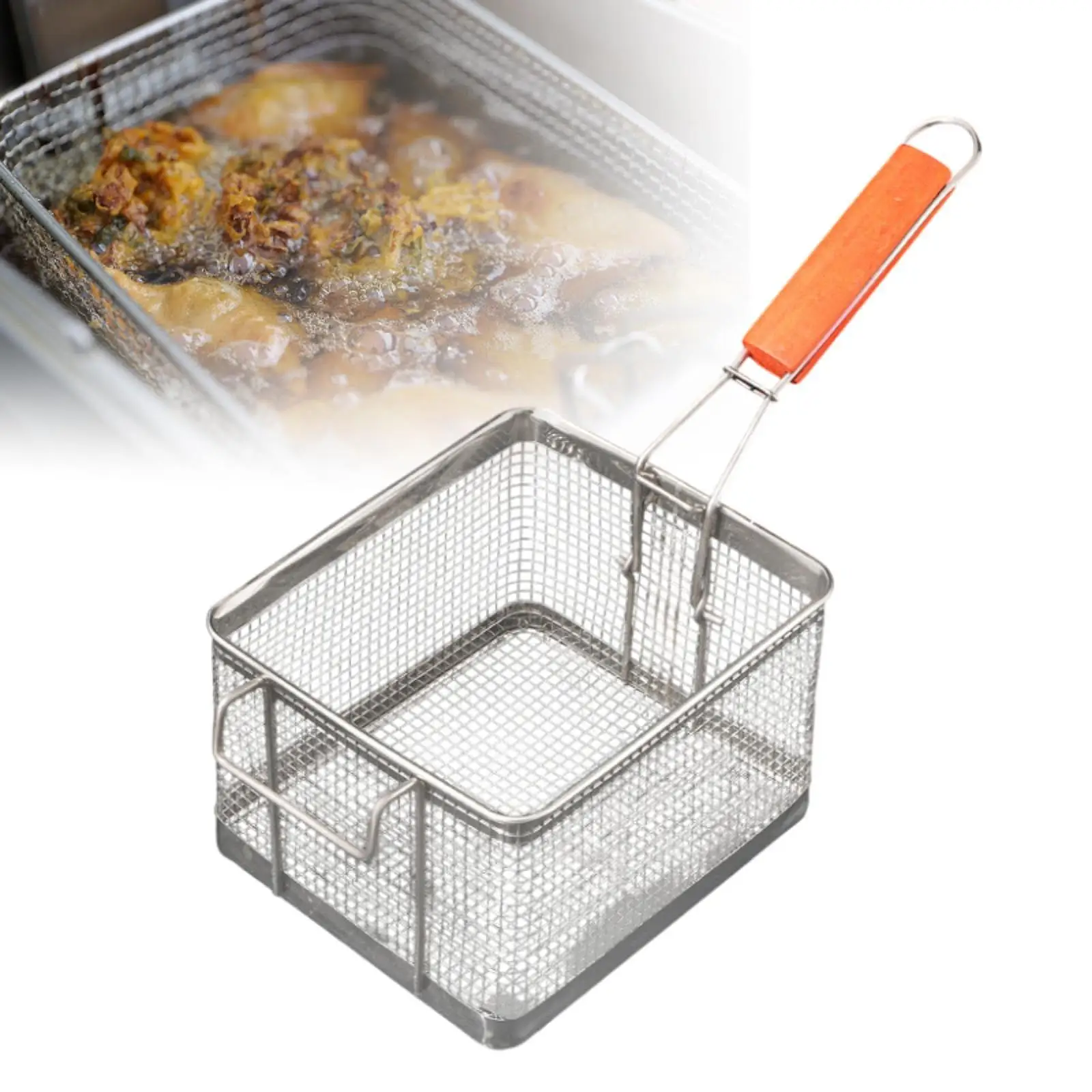 Deep Fry Basket Frying Strainer Wooden Handle French Fries Frying Strainer Serving Basket for Home Chicken Wing Barbecue Kitchen