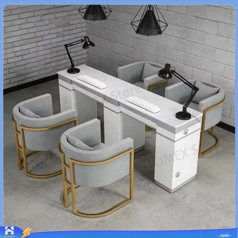 Modern Double Nail Table with Chairs and Vacuum Cleaner Wood Manicure Station Salon Furniture Pedicure Desk Workstation for