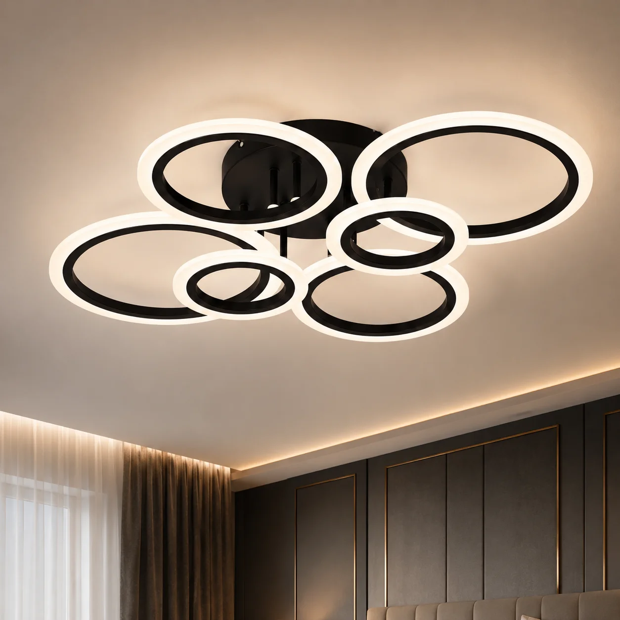 Modern 6 Rings LED Ceiling Light 3 Color Changing Flush Mount Lamp Black Multi Circle Geometric Ceiling Lighting Dimmable Ceilin