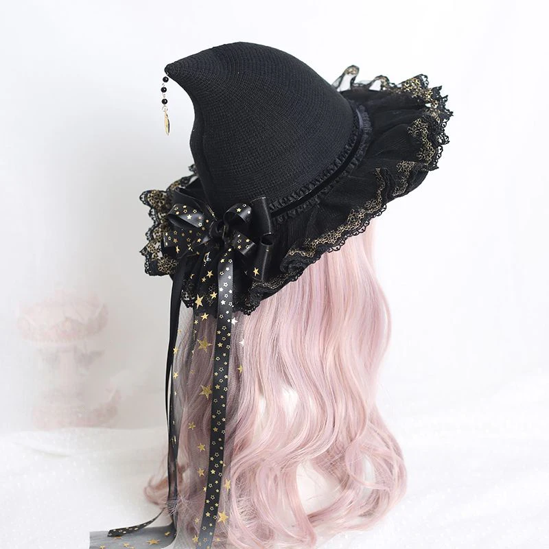 수제 로리타 블랙 할로윈 마녀 레이 시보넷 BNT 모자 별 장미 꽃 레이스 리본 BNT 헤드기어 여성 헤어 액세서리 소녀용