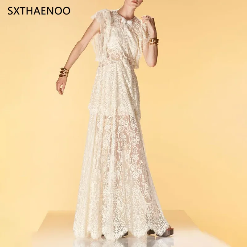

SXTHAENOO Fashion Women's Solid Lace Up Long Dresses O Neck Sleeveless High Waist Elegant Dress 2025 Summer New Female Clothing