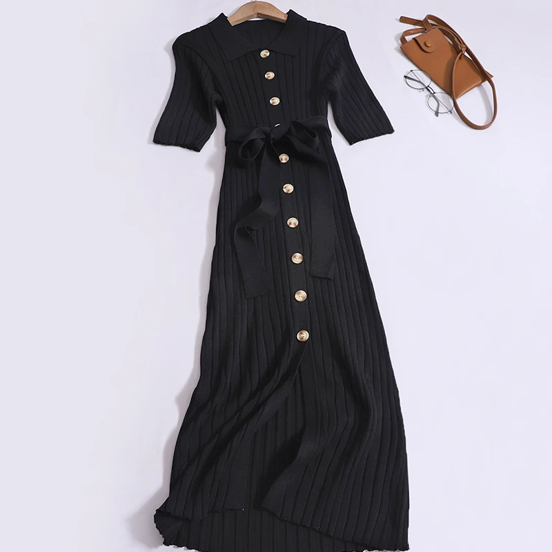 

Women New Office Turn-down Collar Single-breasted Short Sleeved Dress Slim Bandage Cinched Waist Dress Summer Fashion Knit Dress