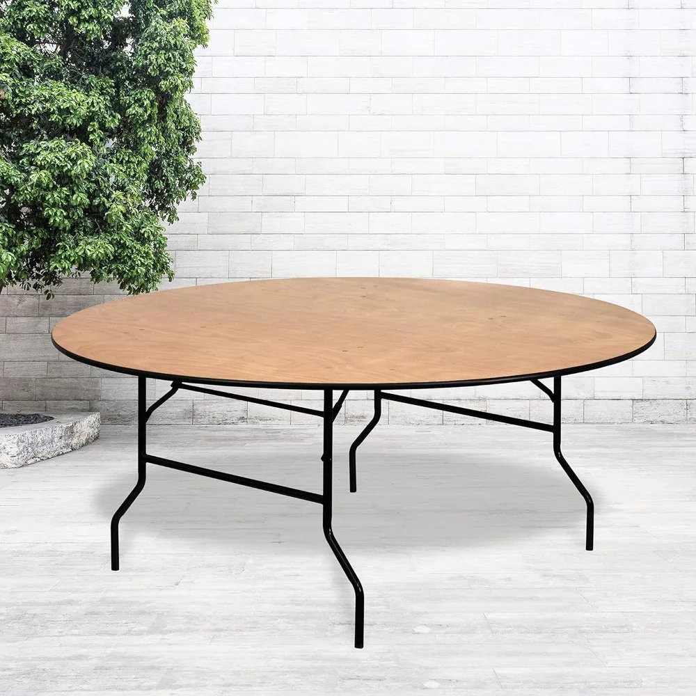 Round All-Occasion Wood Folding Event Table, Foldable Round Portable Banquet Table with Wooden Top