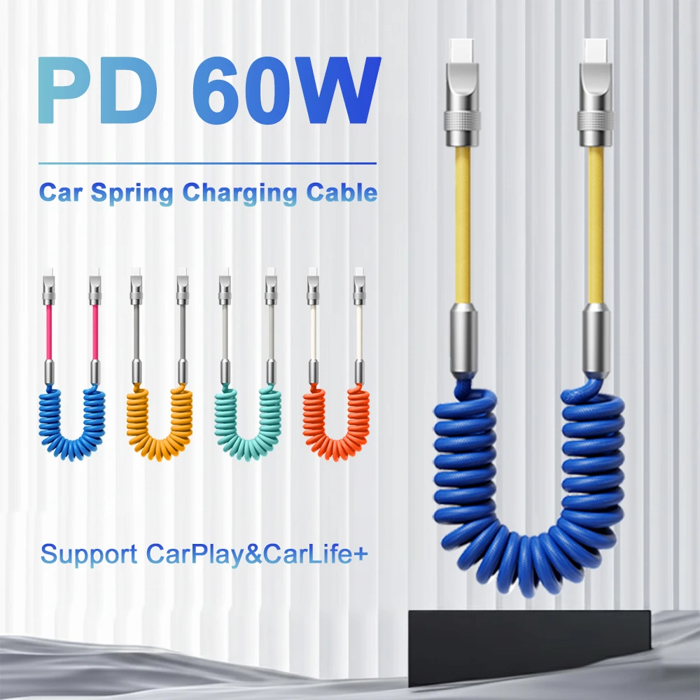 

Car Spring Fast Charging Cable PD 60W USB Type C To C Data Transfer Cord Line Retractable For iPhone 17 Samsung Support CarPlay